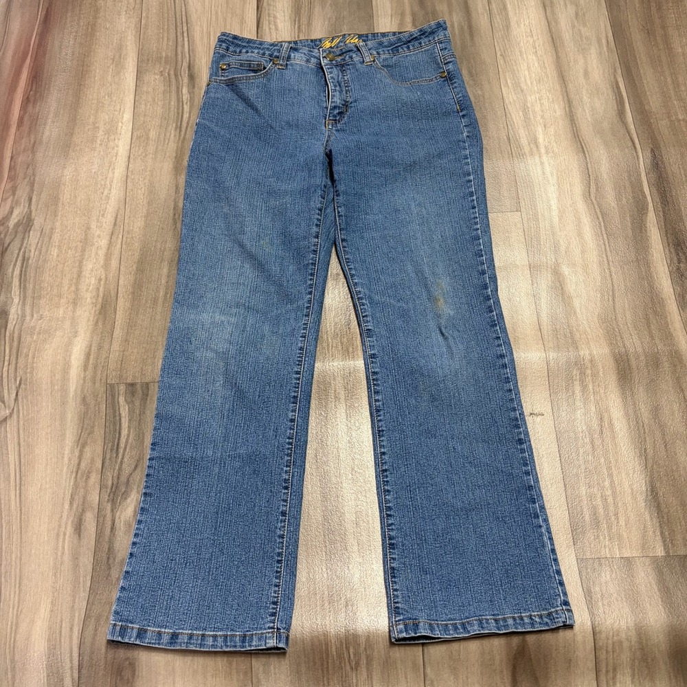 Bill Blass Womens 8P Blue Stretch Bootcut Jeans Embroidered Pockets Petite 1361